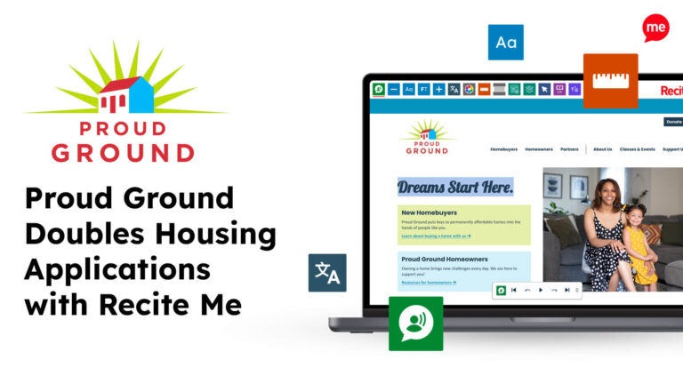 Text reads 'Proud Ground Doubles Housing Applications with Recite Me'. To the right, there is a laptop with a screenshot of the Proud Ground website. Background of the image is white and there is a Proud Ground logo in the top left corner