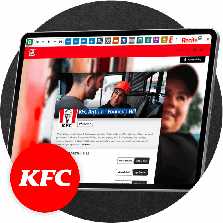 Mock-up of the Recite Me Toolbar being used on the KFC Careers website.
