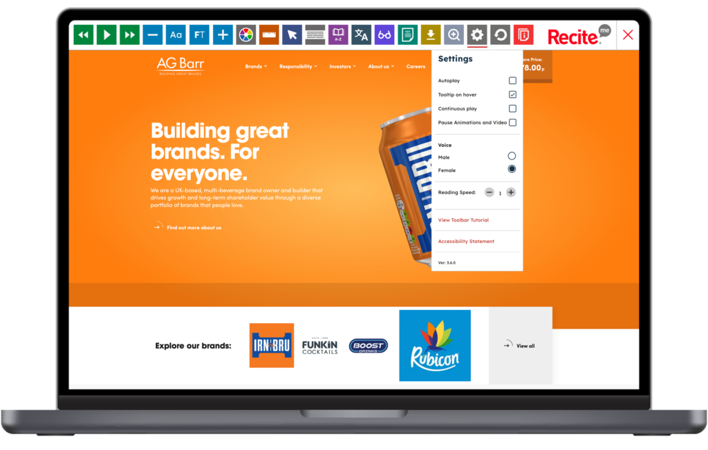 Mock-up of the Recite Me Toolbar being used on the AG Barr website.