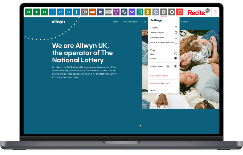 Mock-up of the Recite Me toolbar being used on the Allywn website.