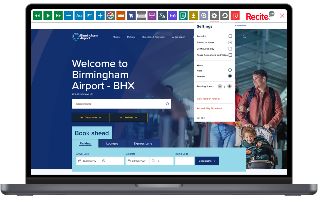 Mock-up of the Recite Me Toolbar being used on the Birmingham Airport website.