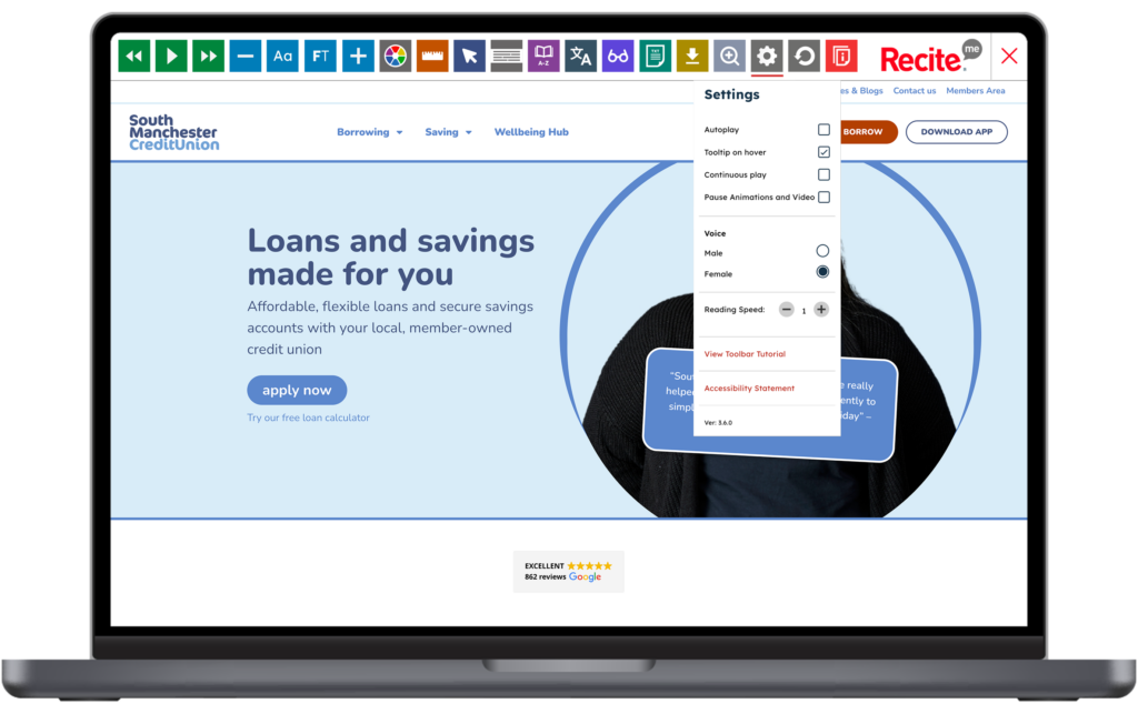 Mock-up of the Recite Me toolbar being used on the South Manchester Credit Union website.