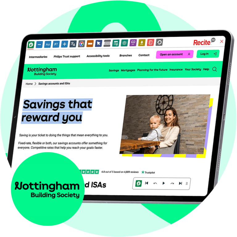 Mock-up of the Recite Me Toolbar being used on the Nottingham Building Society's website.