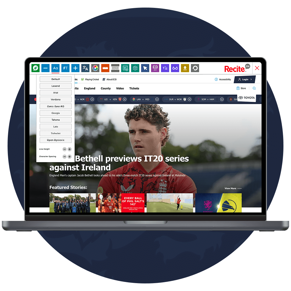 Mock-up of the Recite Me Toolbar being used on the ECB website.