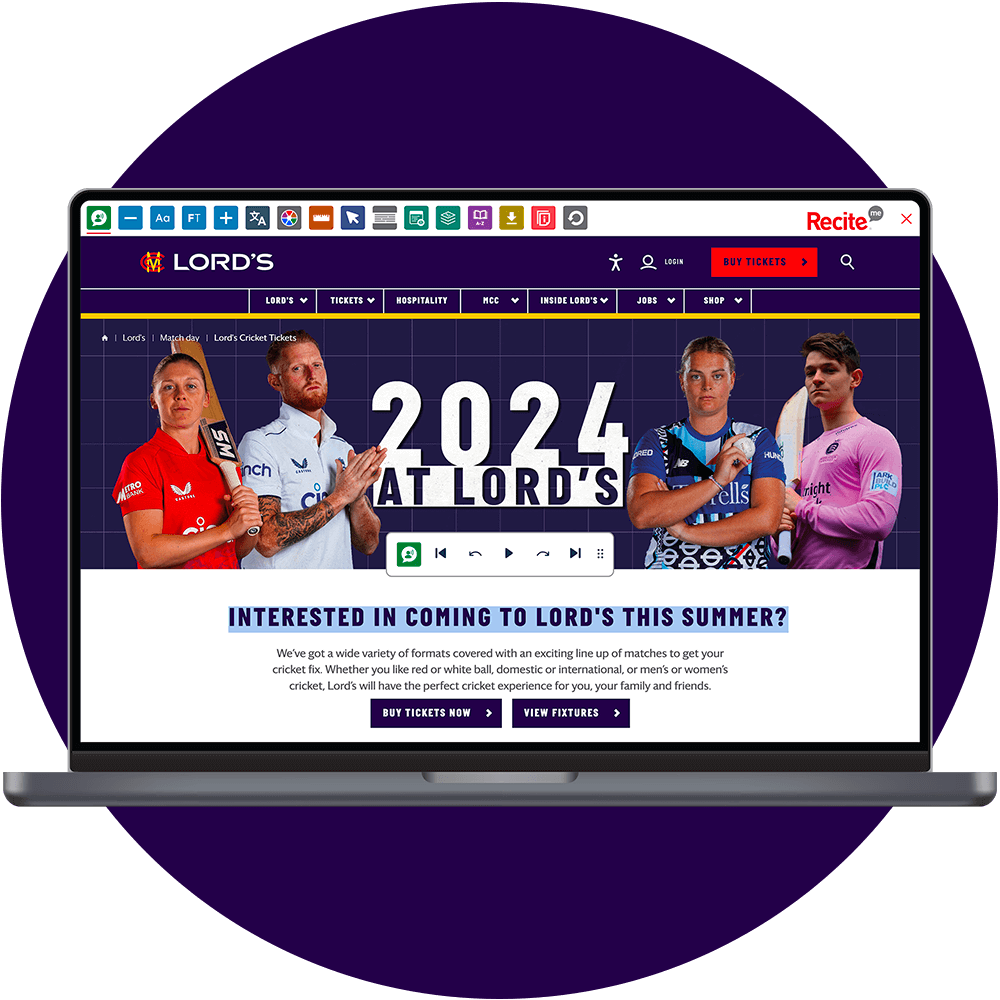 Mock-up of the Recite Me Toolbar being used on the Lord's website.