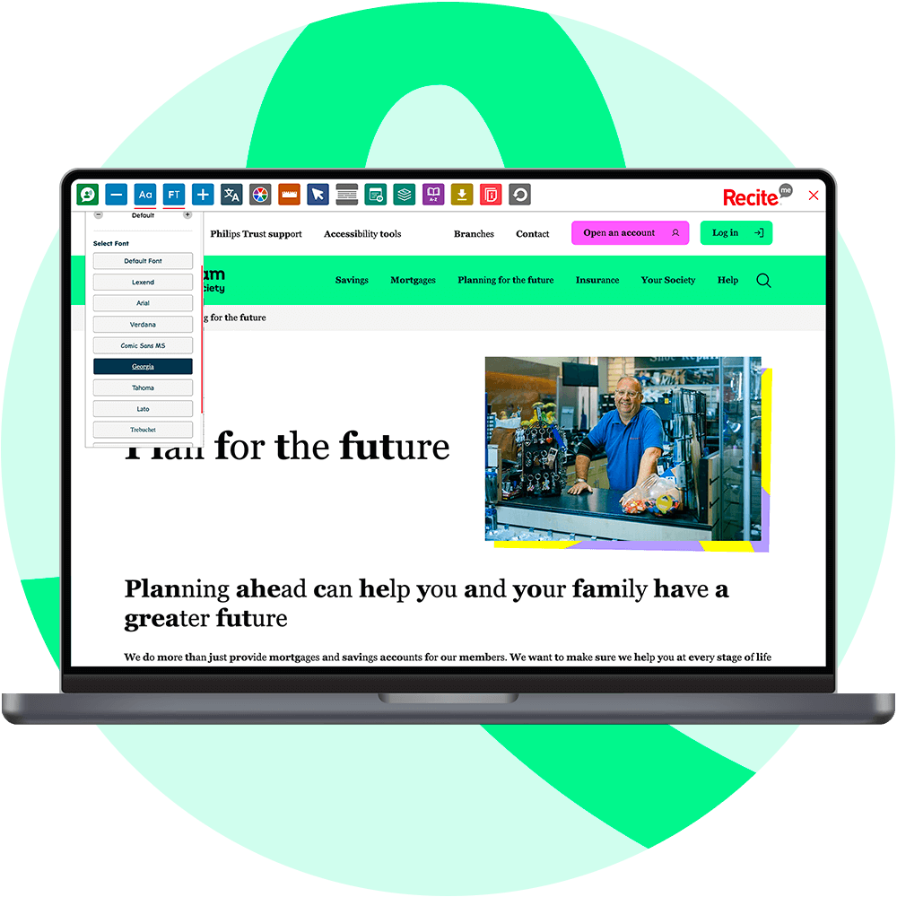 Mock-up of the Recite Me Toolbar being used on the Nottingham Building Society website.