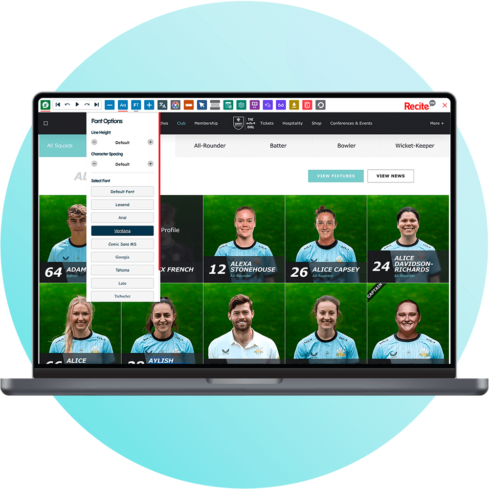 Mock-up of the Recite Me Toolbar being used on the Surrey Cricket Club website