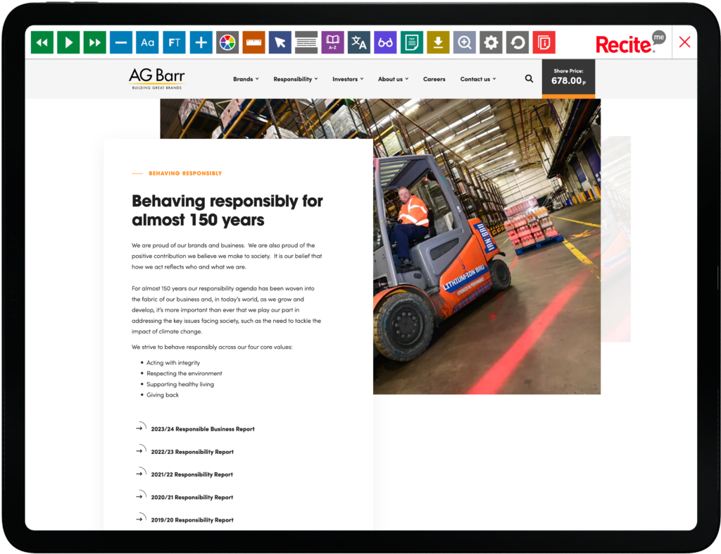 Mock-up of the Recite Me Toolbar being used on the AG Barr website.