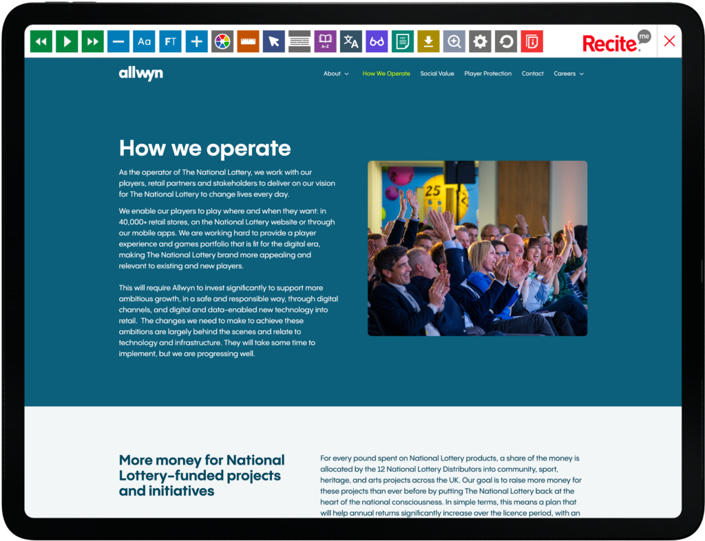 Mock-up of the Recite Me toolbar being used on the Allywn website.