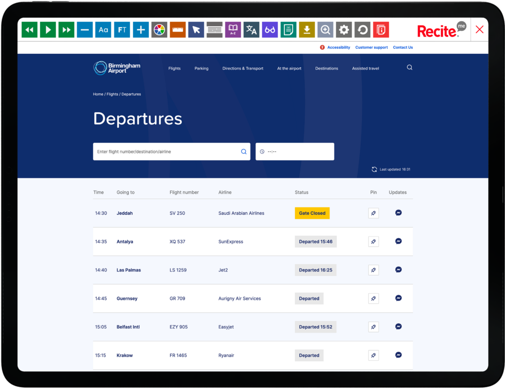 Mock-up of the Recite Me Toolbar being used on the Birmingham Airport website.
