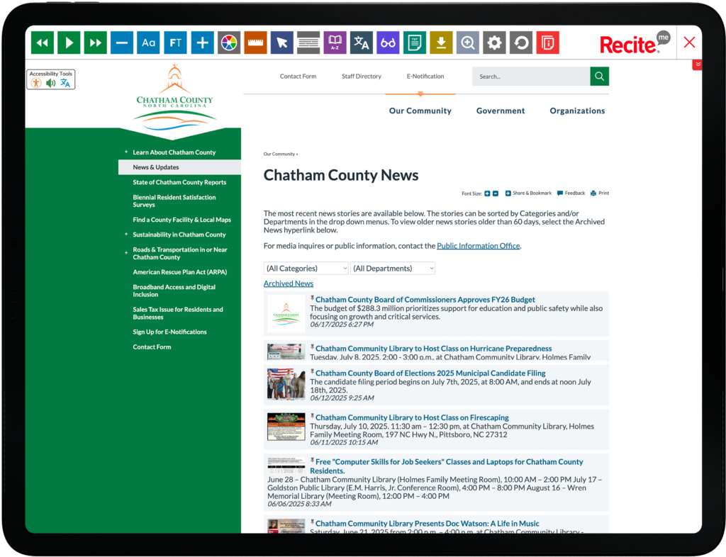 Tablet with screenshot of the Chatham County website