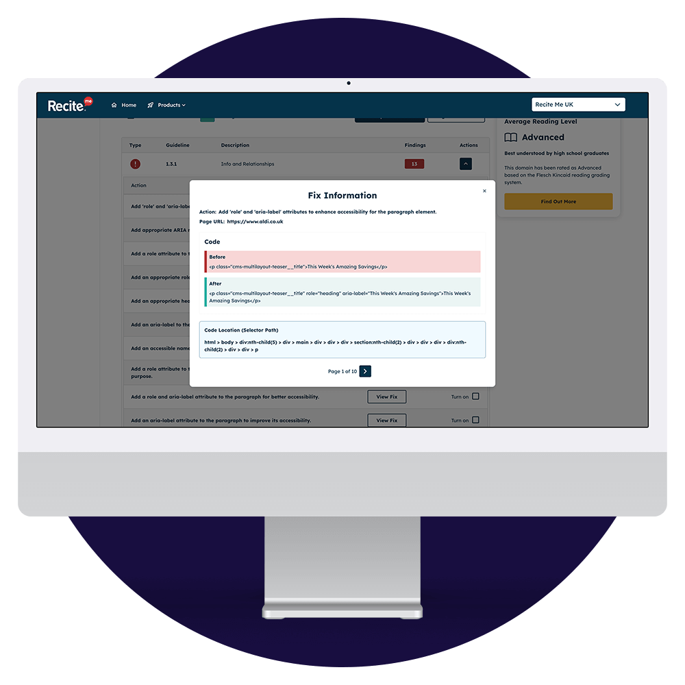 Mock-up of the Recite Me Checker on a computer screen.