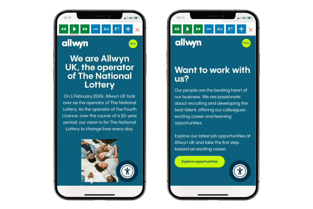 Mock-up of the Recite Me toolbar being used on the Allywn website.