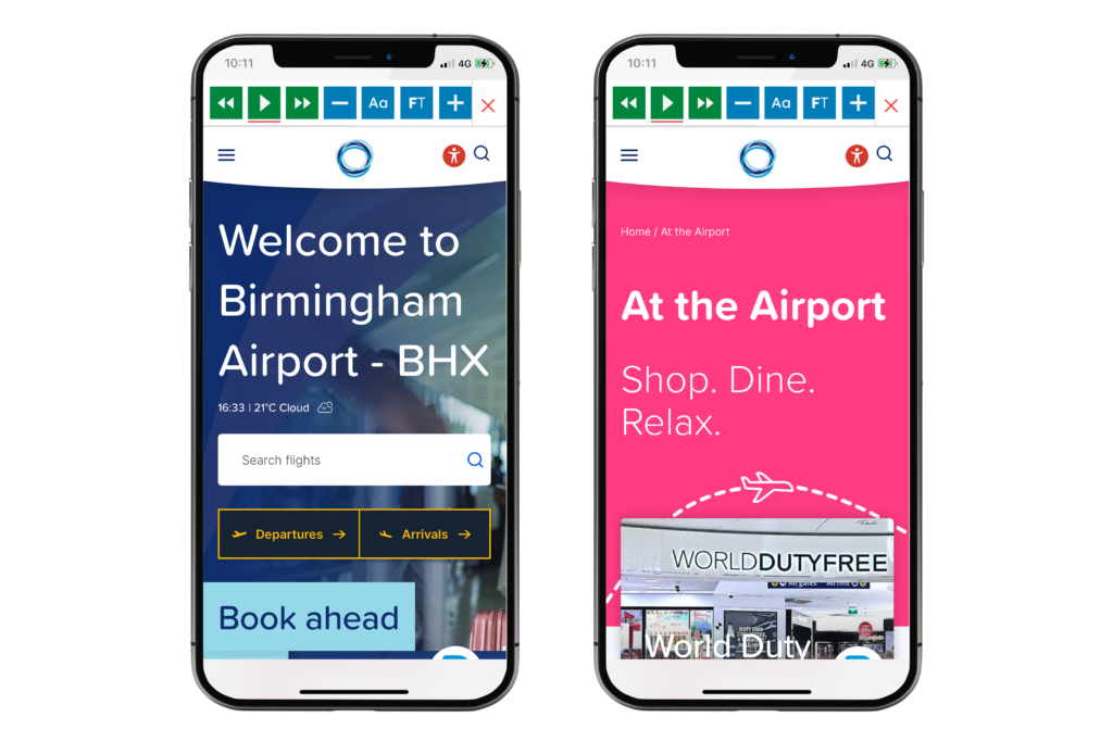 Mock-up of the Recite Me Toolbar being used on the Birmingham Airport website.