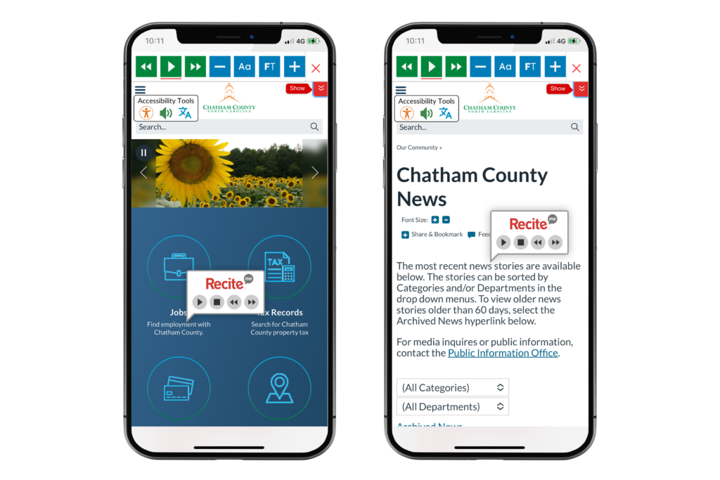 2 mobile phones with screenshot of Chatham county website