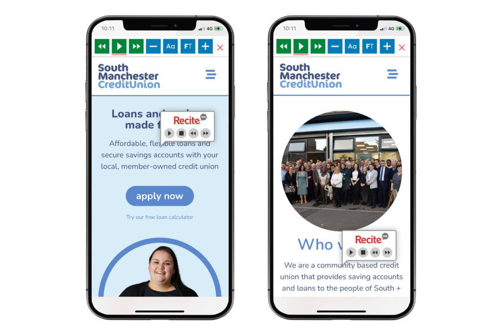 Mock-up of the Recite Me toolbar being used on the South Manchester Credit Union website.