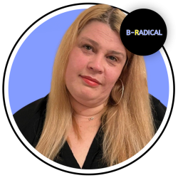 headshot of Kirsty with B-Radical logo