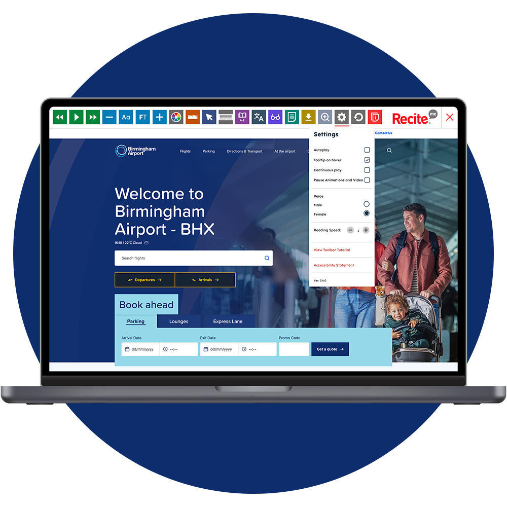 Mock-up of the Recite Me Toolbar being used on the Birmingham Airport website.