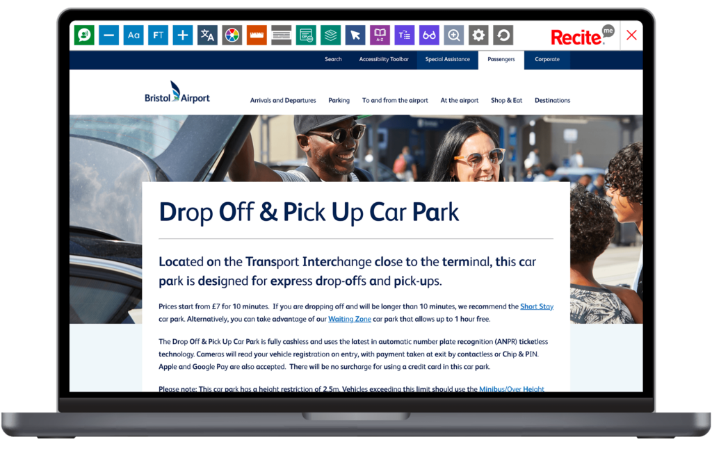 Mock-up of the Recite Me Toolbar being used on the Bristol Airport website.