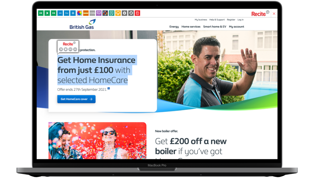 Laptop with British Gas website and the Recite Me toolbar at the top