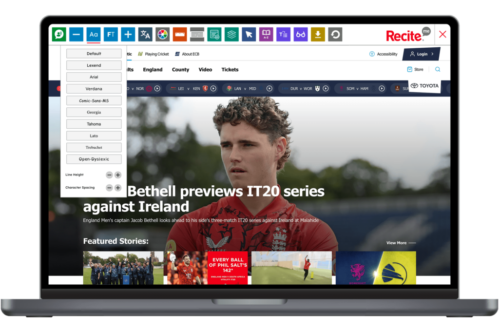Mock-up of the Recite Me Toolbar being used on the ECB website.