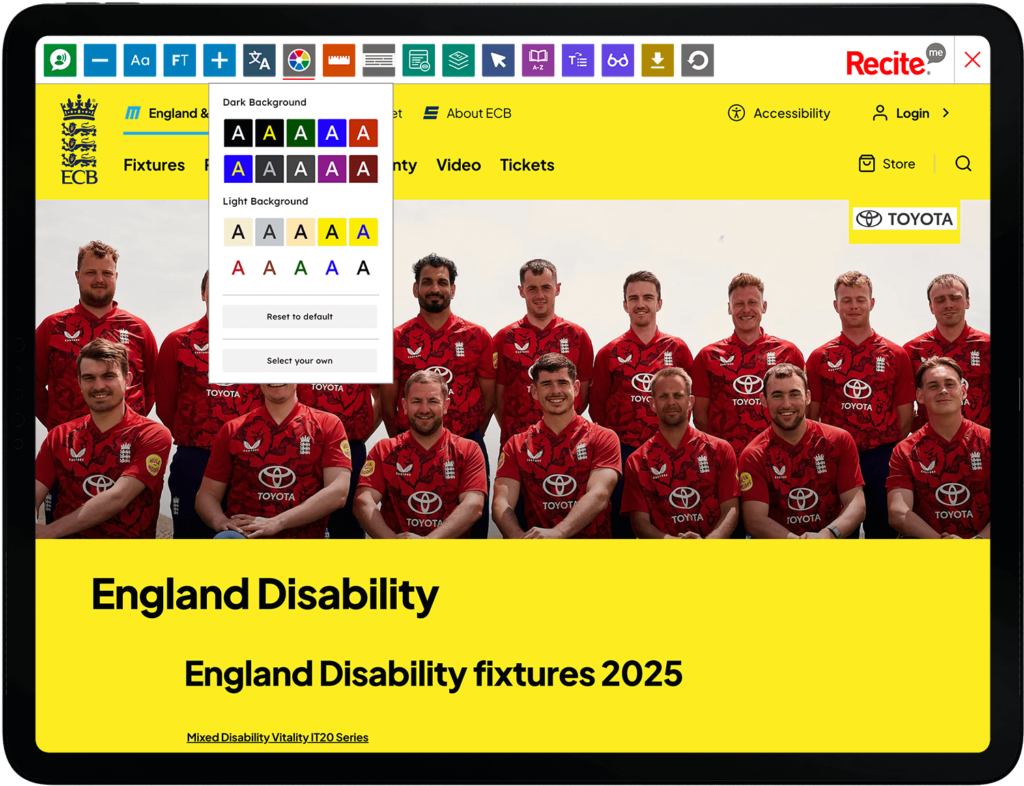 Mock-up of the Recite Me Toolbar being used on the ECB website.