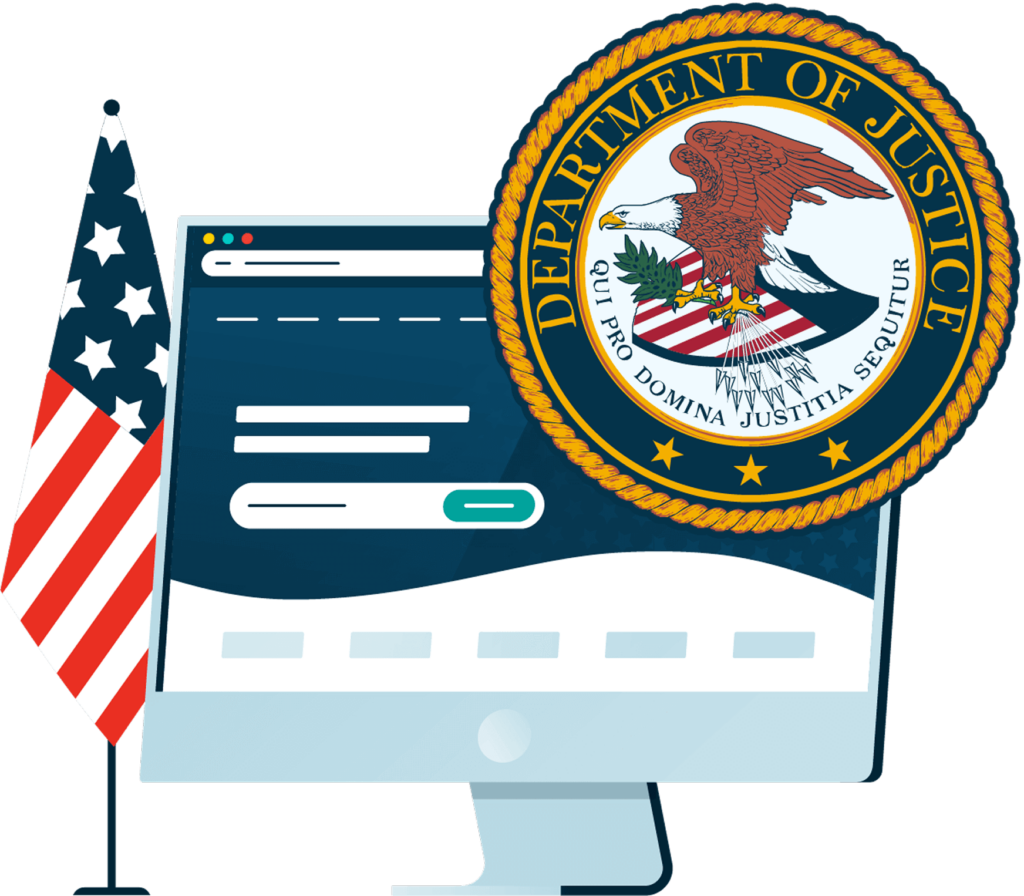 DOJ Graphic infront of a stylised desktop computer