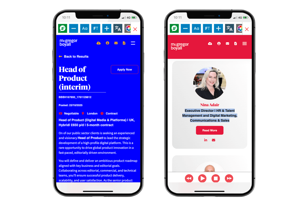 Mock-up of the Recite Me Toolbar being used on the McGregor Boyall website.