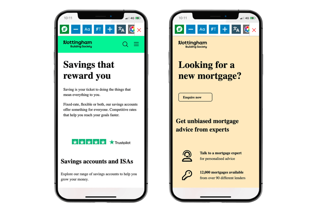 Mock-up of the Recite Me Toolbar being used on the Nottingham Building Society website.