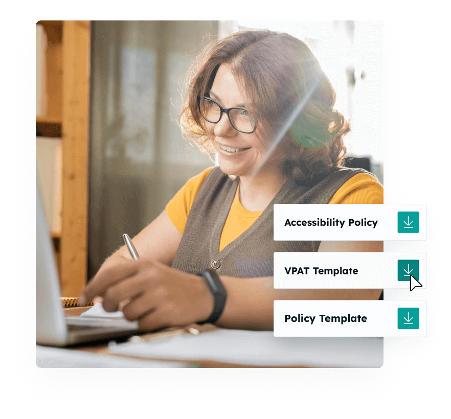 Smiling person with glasses working at a desk on a laptop, holding a pen. On-screen graphics show download buttons for Accessibility Policy, VPAT Template, and Policy Template.