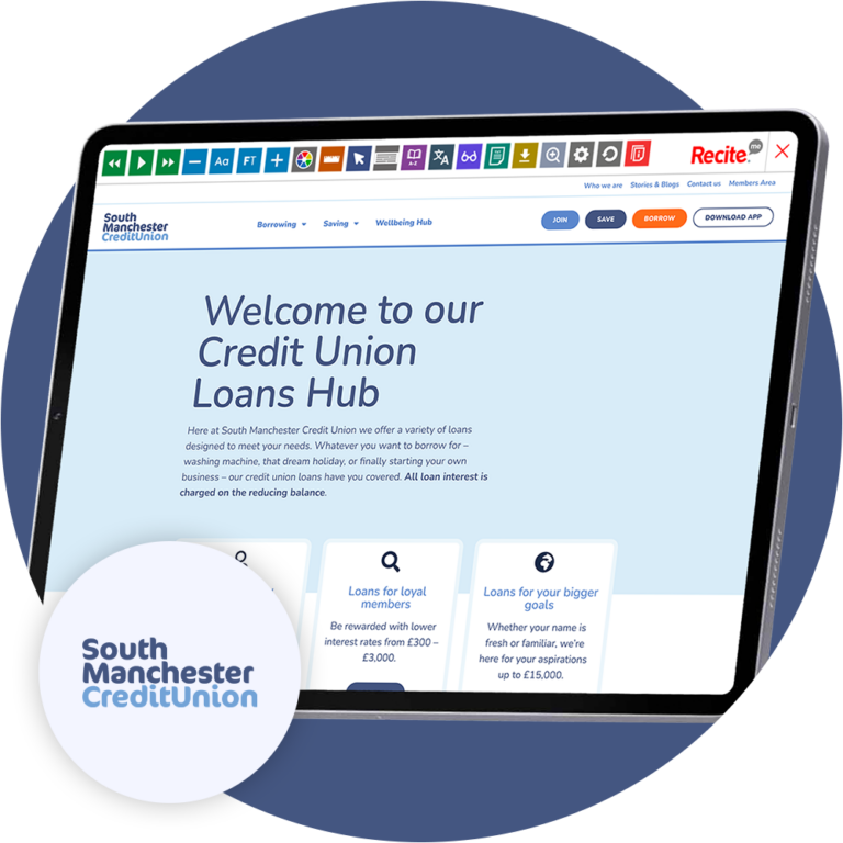 Mock-up of the Recite Me Toolbar being used on the South Manchester Credit Union website.