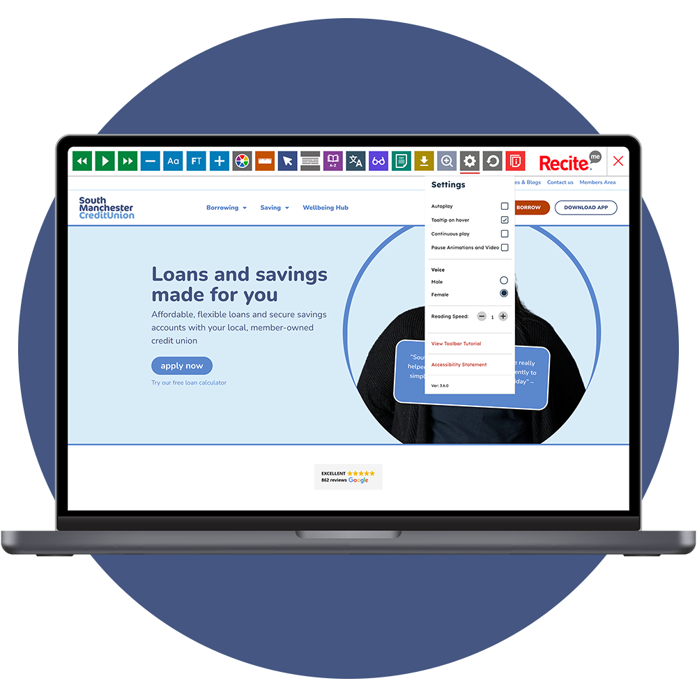Mock-up of the Recite Me Toolbar being used on the South Manchester Credit Union website.
