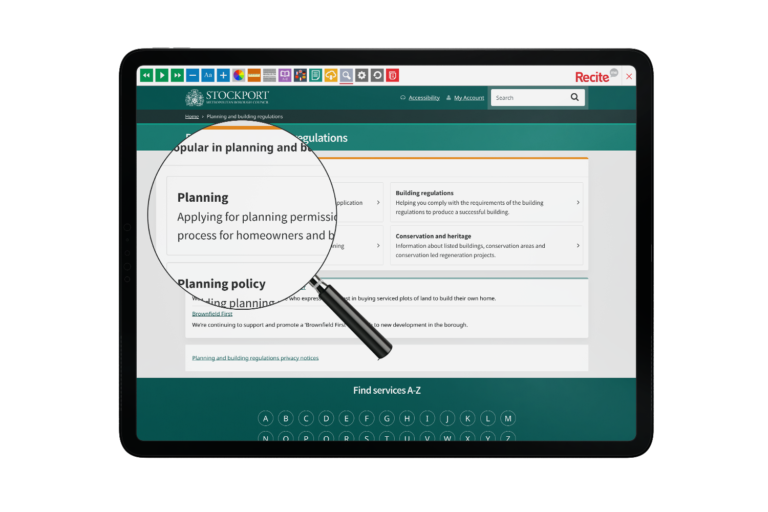 Tablet with Stockport Metropolitan Borough Council website using the Recite Me assistive toolbar