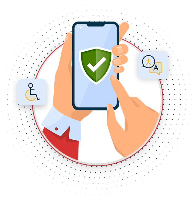 Hands holding a mobile with disability icons by its side